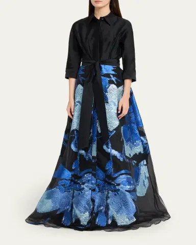 Rickie Freeman for Teri Jon Taffeta and Floral Jacquard Organza Shirt Gown | Thumbnail 4