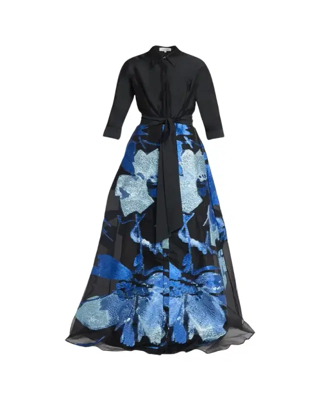 Rickie Freeman for Teri Jon Taffeta and Floral Jacquard Organza Shirt Gown