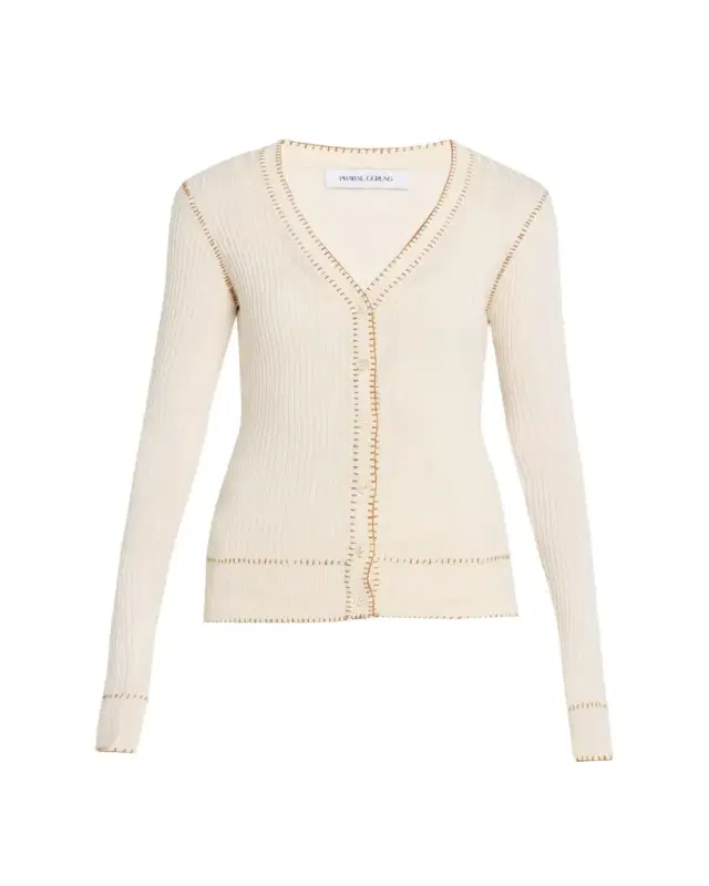 Prabal Gurung Blanket Stitched Silk-Cashmere Rib V-Neck Cardigan