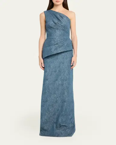Rickie Freeman for Teri Jon One-Shoulder Metallic Jacquard Peplum Gown | Thumbnail 2 Rickie Freeman for Teri Jon One-Shoulder Metallic Jacquard Peplum Gown | Thumbnail 2