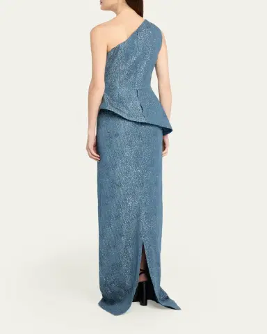 Rickie Freeman for Teri Jon One-Shoulder Metallic Jacquard Peplum Gown | Thumbnail 3 Rickie Freeman for Teri Jon One-Shoulder Metallic Jacquard Peplum Gown | Thumbnail 3
