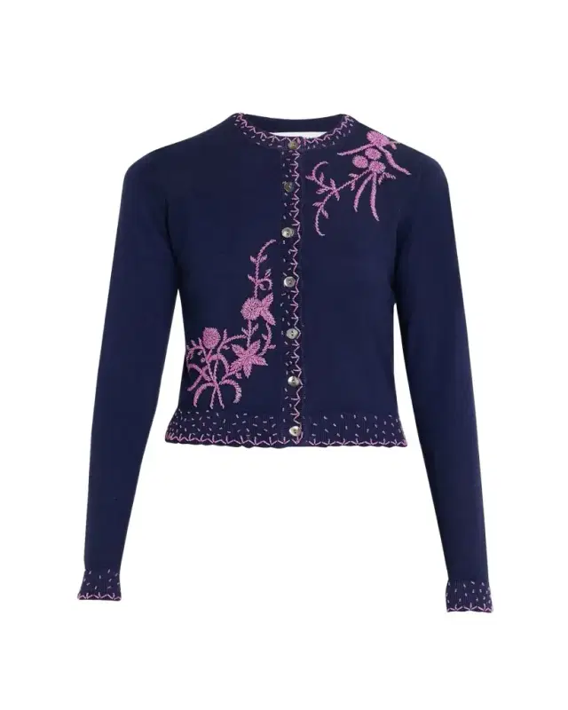 Prabal Gurung Embroidered Silk-Cashmere Crewneck Cardigan