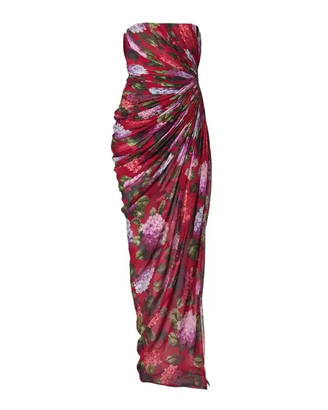 Carolina Herrera Strapless Floral Silk Chiffon Draped Slit Gown