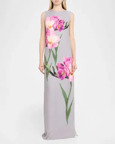 Rickie Freeman for Teri Jon Sleeveless Floral-Print Scuba Column Gown | Thumbnail 2