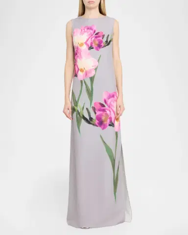Rickie Freeman for Teri Jon Sleeveless Floral-Print Scuba Column Gown | Thumbnail 4