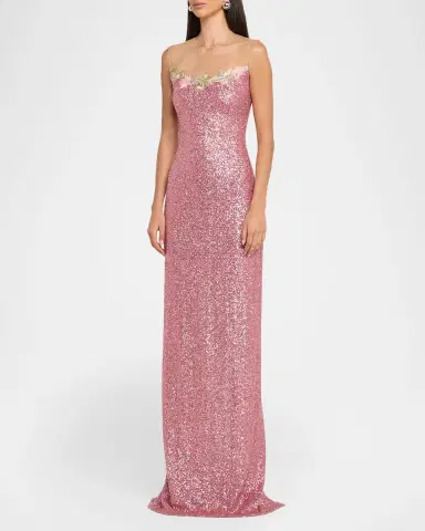 Naeem Khan Illusion Yoke Sequined Floral Applique Sleeveless Gown | Thumbnail 4 Naeem Khan Illusion Yoke Sequined Floral Applique Sleeveless Gown | Thumbnail 4