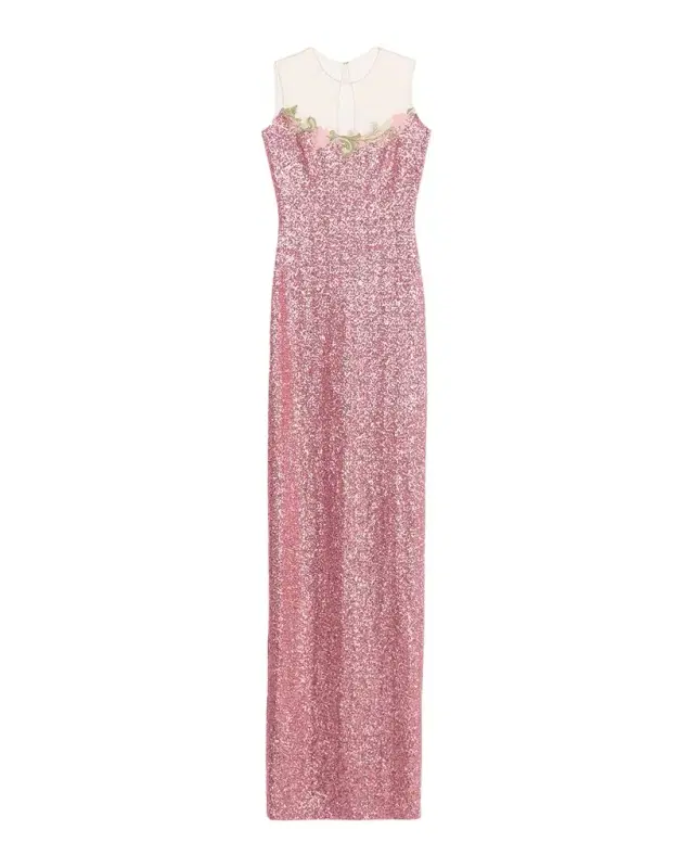 Naeem Khan Illusion Yoke Sequined Floral Applique Sleeveless Gown