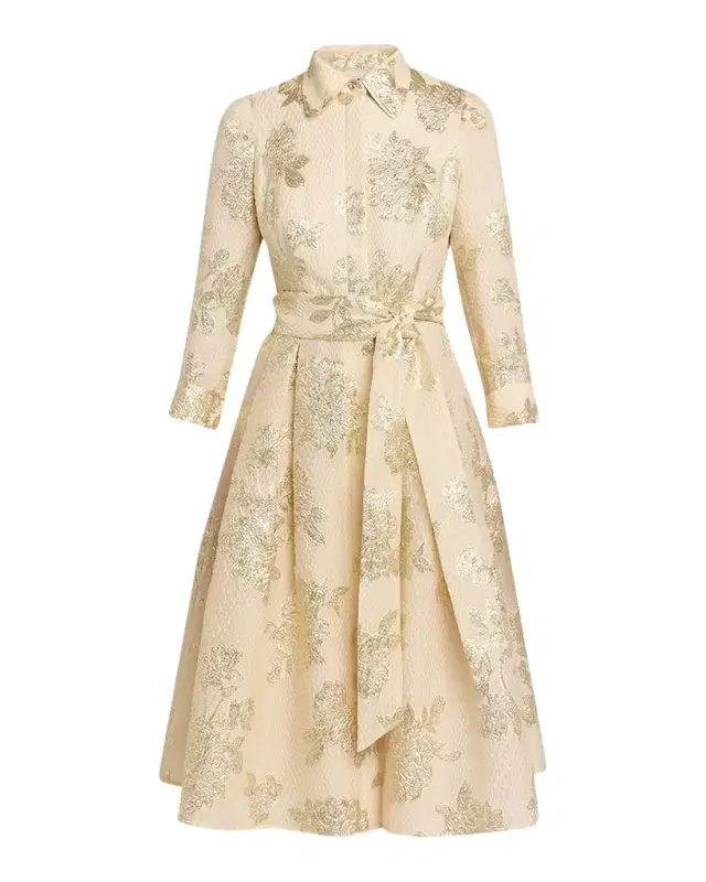 Rickie Freeman for Teri Jon Pleated Metallic Jacquard Midi Shirtdress