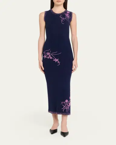 PRABAL GURUNG Floral Bead Embroidered Rib Knit Midi Dress | Thumbnail 2 PRABAL GURUNG Floral Bead Embroidered Rib Knit Midi Dress | Thumbnail 2