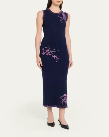 PRABAL GURUNG Floral Bead Embroidered Rib Knit Midi Dress | Thumbnail 4 PRABAL GURUNG Floral Bead Embroidered Rib Knit Midi Dress | Thumbnail 4