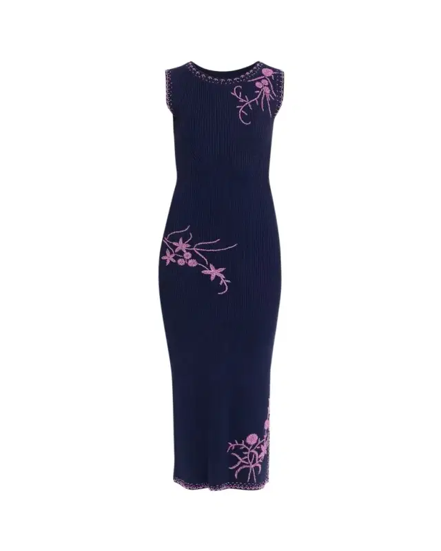 Prabal Gurung Floral Bead Embroidered Rib Knit Midi Dress