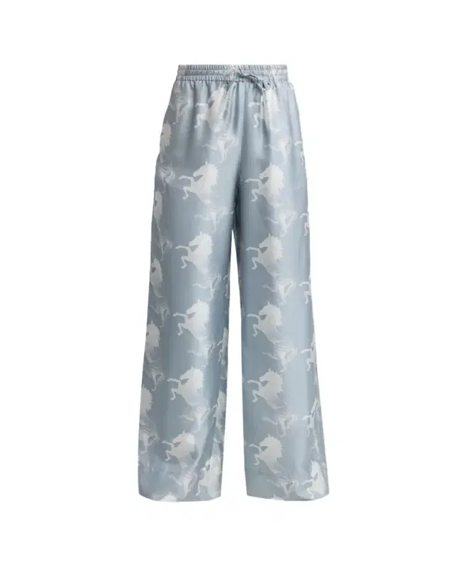 Stella McCartney Horse Printed Silk Twill Wide-Leg Drawstring Pants
