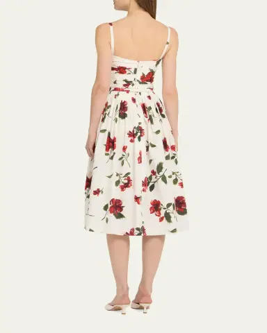 Oscar de la Renta Sleeveless Hibiscus Print Cotton Pleated Midi Dress | Thumbnail 2 Oscar de la Renta Sleeveless Hibiscus Print Cotton Pleated Midi Dress | Thumbnail 2