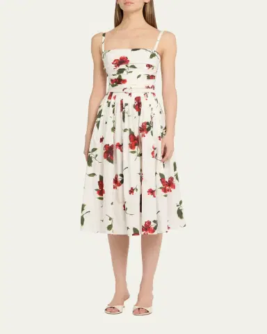 Oscar de la Renta Sleeveless Hibiscus Print Cotton Pleated Midi Dress | Thumbnail 3 Oscar de la Renta Sleeveless Hibiscus Print Cotton Pleated Midi Dress | Thumbnail 3