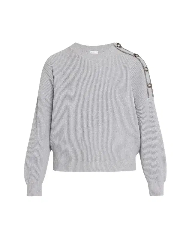 Brunello Cucinelli Sporty Button-Shoulder Cotton Diamante Crewneck Sweater