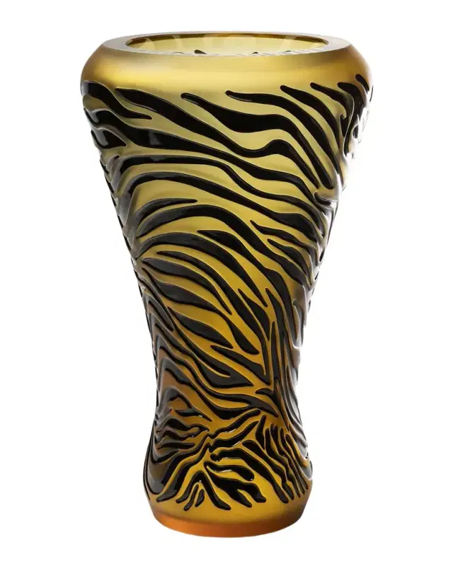 Lalique Tiger 18" Vase, Amber/Black Enamel