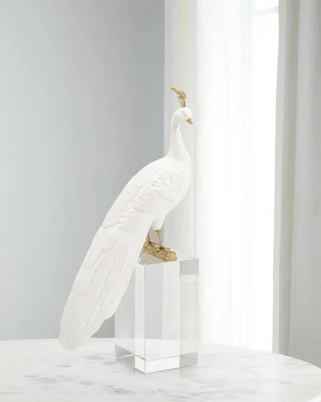 John-Richard Collection White Peacock Sculpture on Crystal Base II