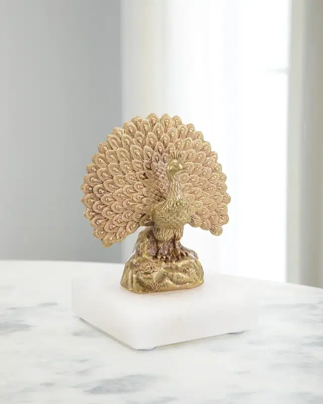 John-Richard Collection Brass Peacock Sculpture on Alabaster