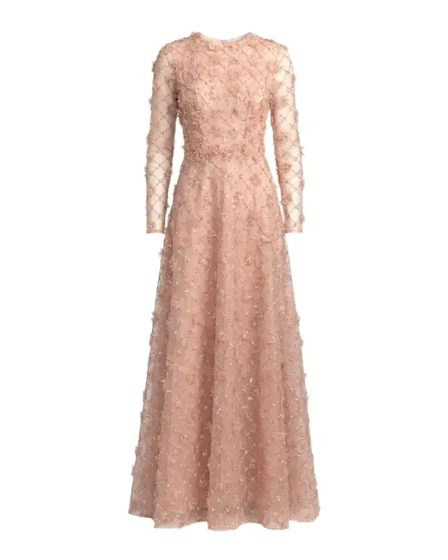 Mac Duggal Beaded Tulle Long-Sleeve A-Line Gown
