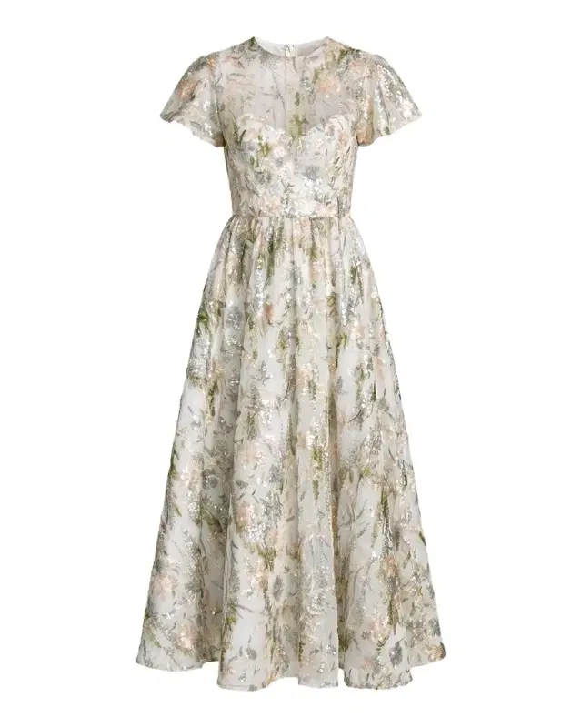 Mac Duggal Sequin Floral-Embroidered Tulle Midi Dress