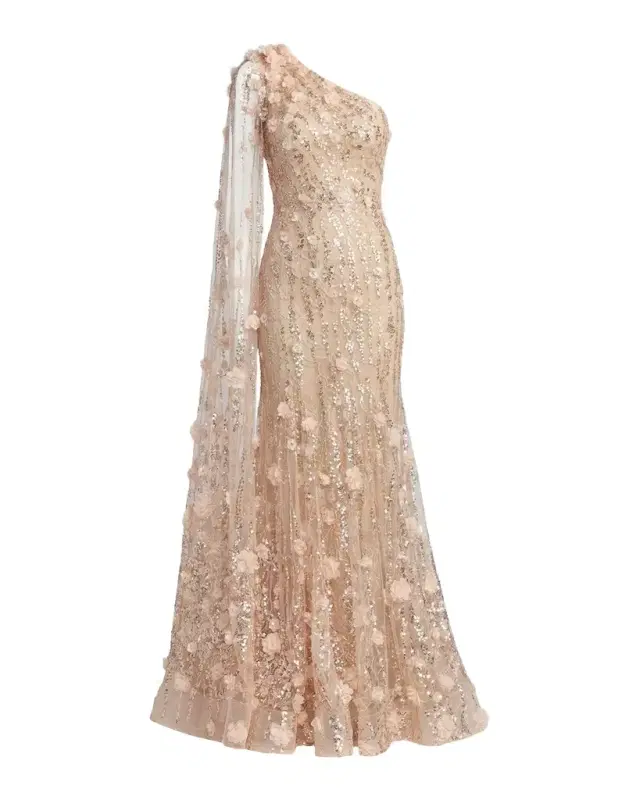 Mac Duggal One-Shoulder Beaded Floral Lace Trumpet Gown