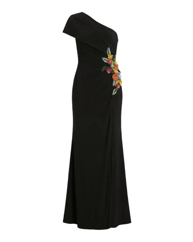 Mac Duggal Beaded Floral Applique One-Shoulder Jersey Gown