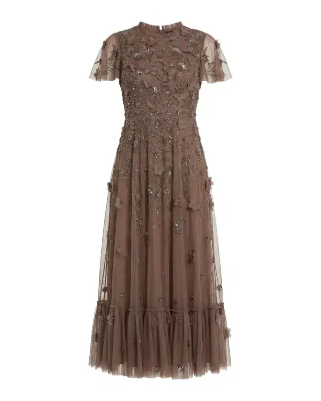 Mac Duggal Sequin Floral Applique Tulle Midi Dress