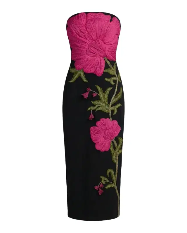 Mac Duggal Strapless Floral-Embroidered Crepe Midi Dress