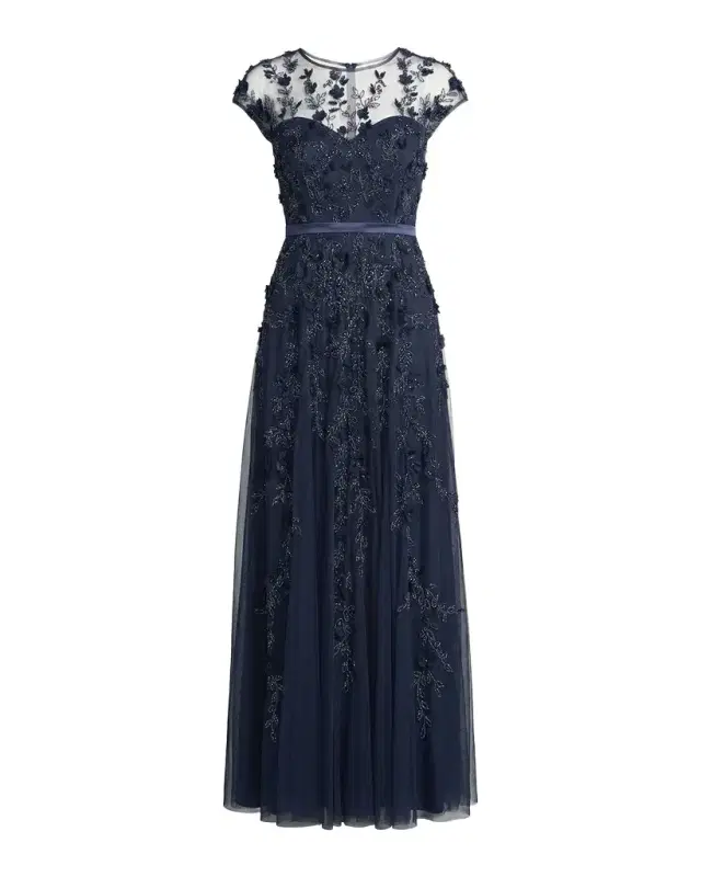 Mac Duggal Bead-Embroidered Mesh Gown