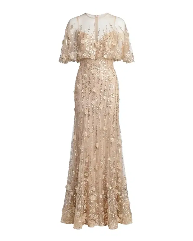 Mac Duggal Beaded Chiffon Lace Cape Trumpet Gown