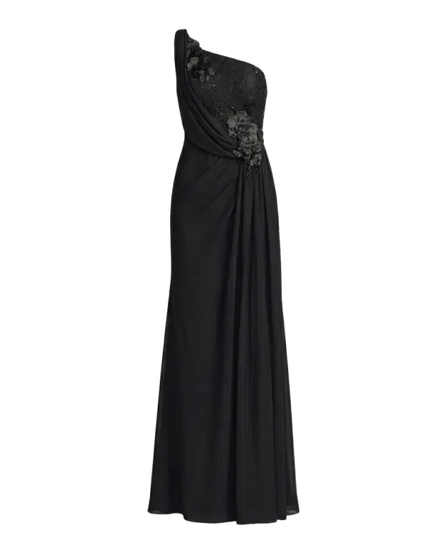 Mac Duggal Draped One-Shoulder Beaded Jersey Gown