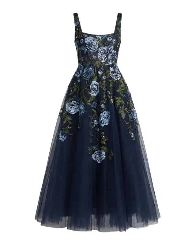 Mac Duggal Floral Embroidered Tulle Tea-Length Cocktail Dress