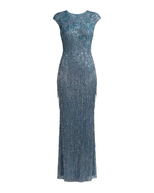 Evening Embellished Mesh Cap-Sleeve Gown Evening Embellished Mesh Cap-Sleeve Gown
