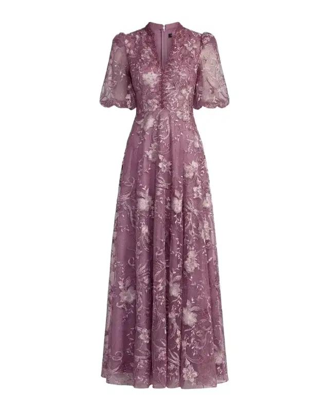 Mac Duggal Floral-Embroidered Puff A-Line Gown
