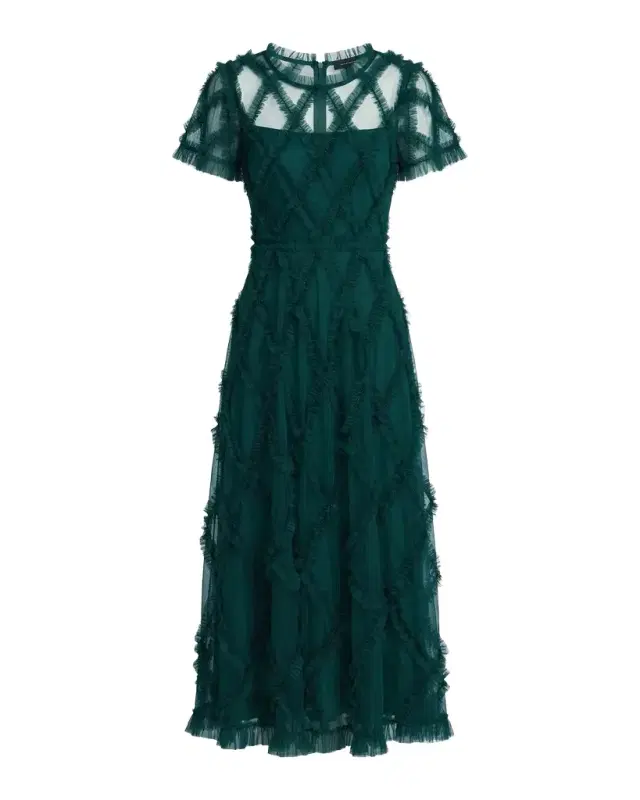 Mac Duggal Ruffled Diamond-Quilted Mesh Gown