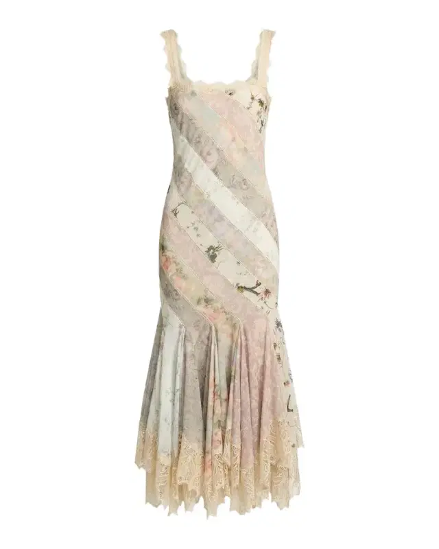 Mac Duggal Floral Patchwork Chiffon Handkerchief-Hem Cocktail Dress