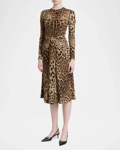 Dolce & Gabbana Leopard-Print Long-Sleeve Twisted Midi Cocktail Dress | Thumbnail 4 Dolce & Gabbana Leopard-Print Long-Sleeve Twisted Midi Cocktail Dress | Thumbnail 4