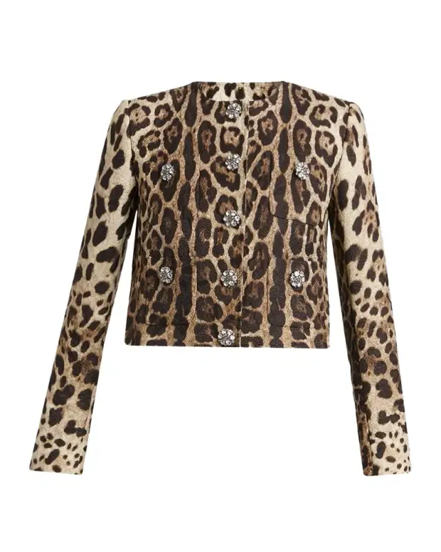 Dolce & Gabbana Leopard Brocade Crystal Single-Breasted Jacket