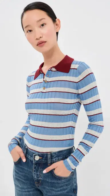 Brandon Maxwell The Joni Silk Cashmere Blend Knit Polo Top Blue Stripe | Thumbnail 2 Brandon Maxwell The Joni Silk Cashmere Blend Knit Polo Top Blue Stripe | Thumbnail 2