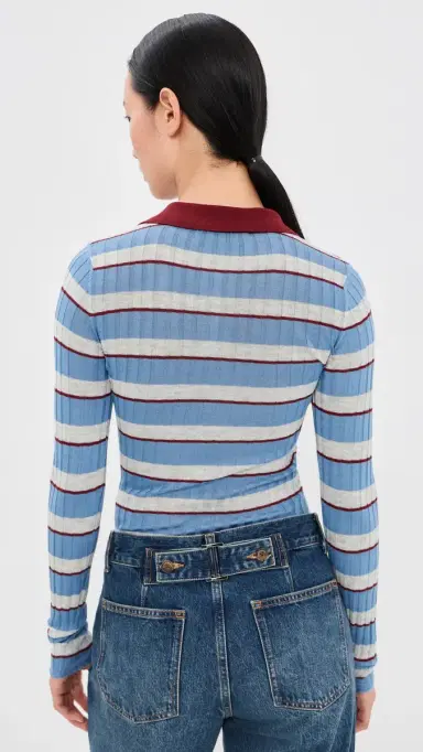 Brandon Maxwell The Joni Silk Cashmere Blend Knit Polo Top Blue Stripe | Thumbnail 3 Brandon Maxwell The Joni Silk Cashmere Blend Knit Polo Top Blue Stripe | Thumbnail 3