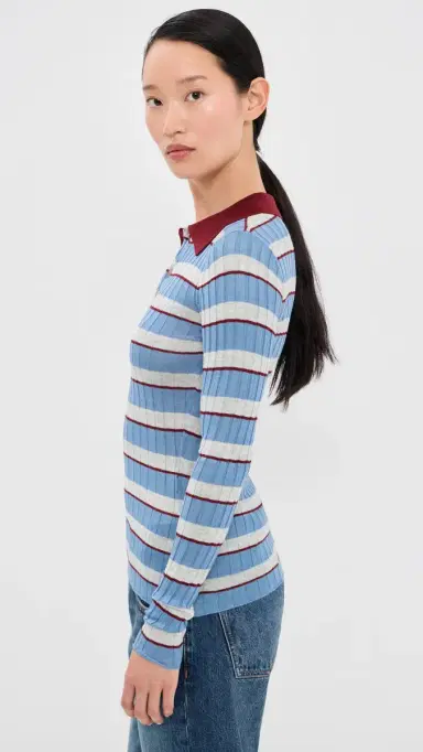 Brandon Maxwell The Joni Silk Cashmere Blend Knit Polo Top Blue Stripe | Thumbnail 4 Brandon Maxwell The Joni Silk Cashmere Blend Knit Polo Top Blue Stripe | Thumbnail 4