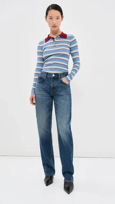 Brandon Maxwell The Joni Silk Cashmere Blend Knit Polo Top Blue Stripe | Thumbnail 5 Brandon Maxwell The Joni Silk Cashmere Blend Knit Polo Top Blue Stripe | Thumbnail 5