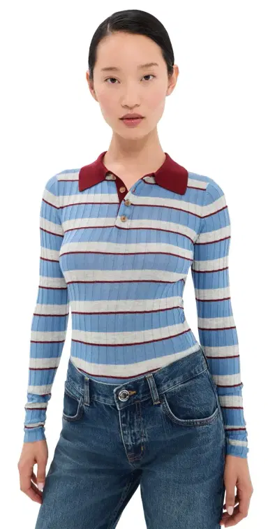 Brandon Maxwell The Joni Silk Cashmere Blend Knit Polo Top Blue Stripe | Thumbnail 1 Brandon Maxwell The Joni Silk Cashmere Blend Knit Polo Top Blue Stripe | Thumbnail 1