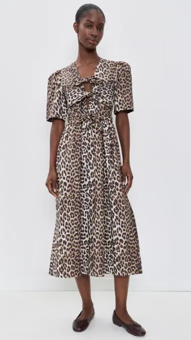 Ganni Printed Cotton Tie Strap Midi Dress Leopard | Thumbnail 2