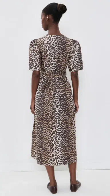 Ganni Printed Cotton Tie Strap Midi Dress Leopard | Thumbnail 3