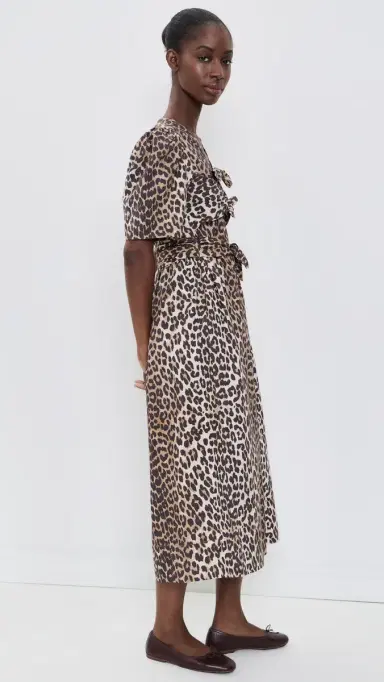 Ganni Printed Cotton Tie Strap Midi Dress Leopard | Thumbnail 4