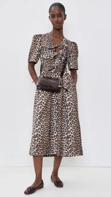 Ganni Printed Cotton Tie Strap Midi Dress Leopard | Thumbnail 5
