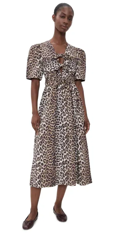 Ganni Printed Cotton Tie Strap Midi Dress Leopard | Thumbnail 1