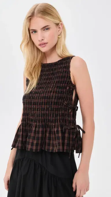 GANNI Smocked Check Tie Top Cappuccino | Thumbnail 2 GANNI Smocked Check Tie Top Cappuccino | Thumbnail 2