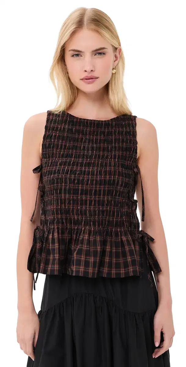 GANNI Smocked Check Tie Top Cappuccino